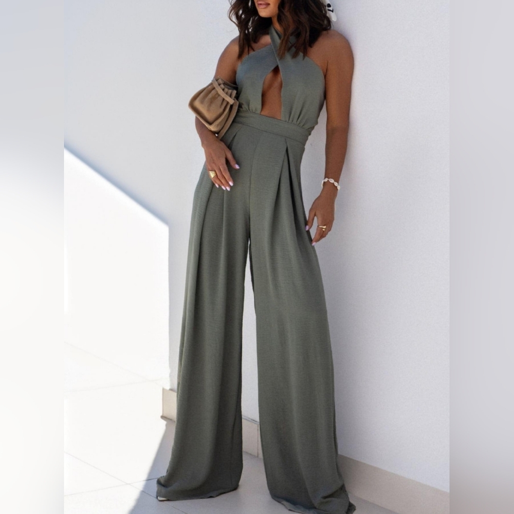 Wide-Leg Halter Jumpsuit in Sage